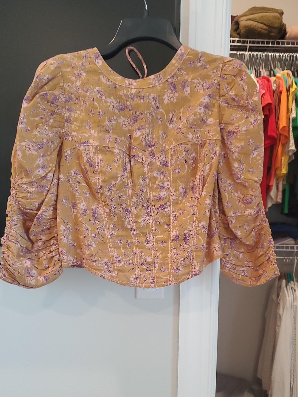 Free People Mustard Yellow Floral Puff-Sleeve Blouse